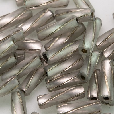 10x3.5mm Preciosa Czech glass bugle bead Soft grey silver lined matt with a shiny spiral stripe