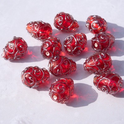 12x8mm Poppy Red Czech Glass Lampwork Bead Drop