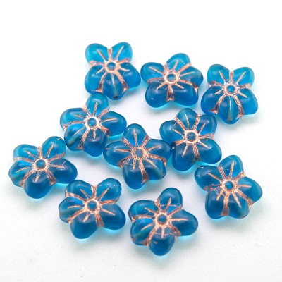 Aqua Matt Flower 14/12mm Pressed Czech Glass Bead