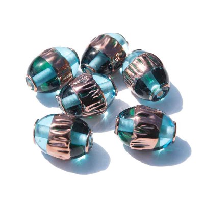 Aquamarine 14x10mm Olive, Hammered Bronze Czech Glass Lampwork Bead