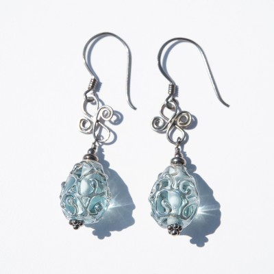 Aquamarine artisan glass earrings 12x8mm drops - .925 (Black finish)