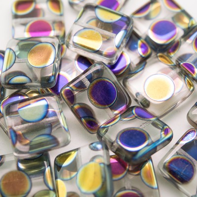 Clear Peacock Square 15x15mm pressed glass bead - Retail system