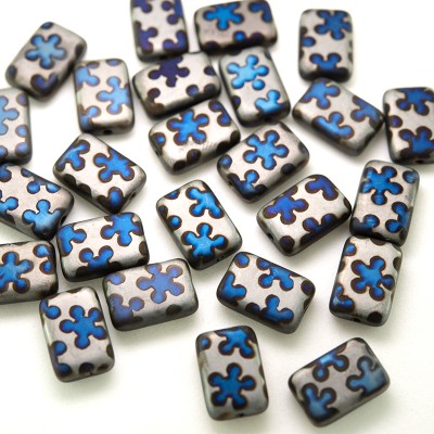 Forget Me Not Peacock Rectangular 12x8mm Pressed Czech Glass Bead
