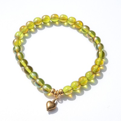 Gold Heart Czech Glass Bead Olivine Stretchy Bracelet.