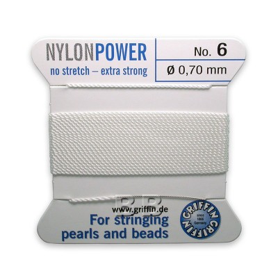 Griffin Nylon Power Bead Cord White with integral needle 0.70mm Diameter