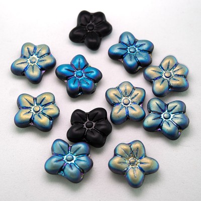 Jet -AB Matt Flower 14/12mm Pressed Czech Glass Bead