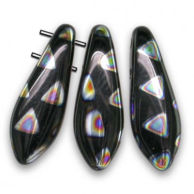 Jet Glass Peacock dagger bead 2-Hole 5x16mm