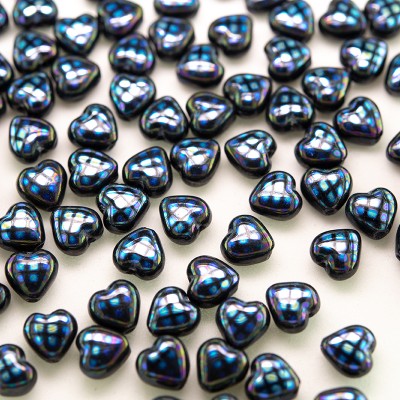 Jet Peacock Heart 6mm Pressed Glass Bead