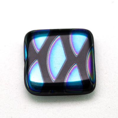 Jet Peacock Square 15x15mm Pressed Glass Bead