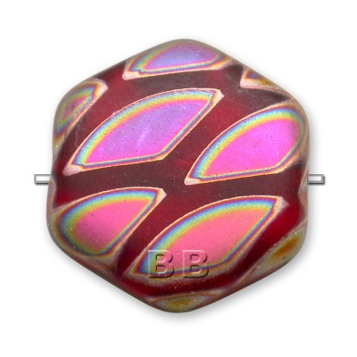 Light Red Peacock Matt Hexagon 17mm Pressed Czech Glass Bead - Retail system