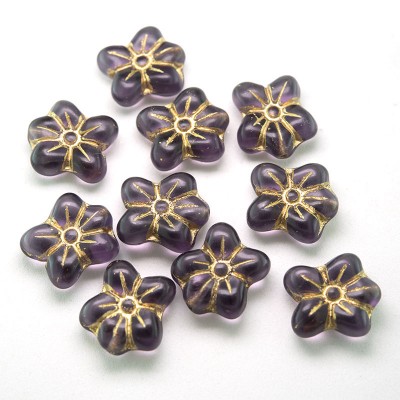 Lilac Matt Flower, with gold detailing, 14/12mm Pressed Czech Glass Bead