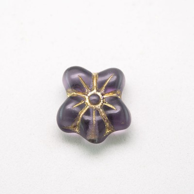 Lilac Matt Flower, with gold detailing, 14/12mm Pressed Czech Glass Bead