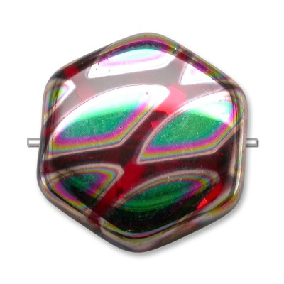 Lollipop Peacock  Hexagon 17mm Pressed Czech Glass Bead