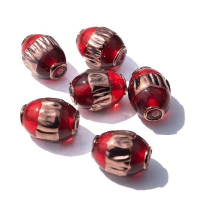 Lollipop Red 14x10mm Olive, Hammered Bronze Czech Glass Lampwork Bead