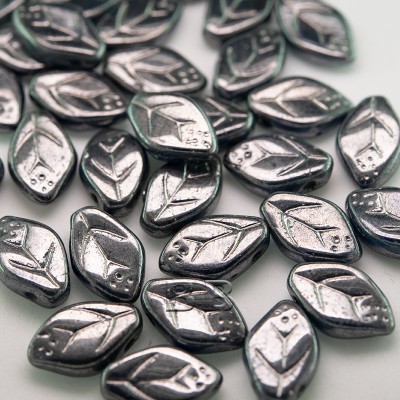 Metallic Soft Silver Grey wavy leaf 12x7mm glass drop bead