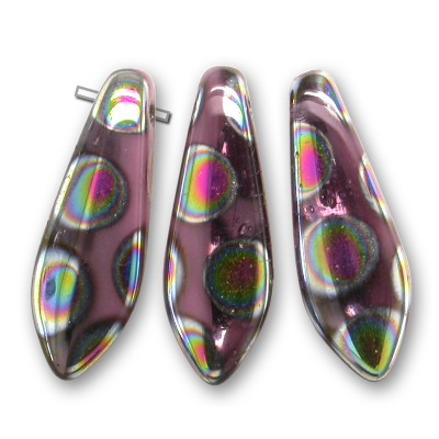 Mixed shades of pink glass 5x16mm dagger bead with multi-coloured spots
