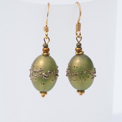 Moss Iridescent artisan glass earrings 14x10mm  Olive beads in (.925)  (gold finish)
