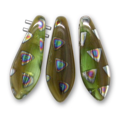 Olive Mixed Glass dagger bead peacock 2-Hole 5x16mm