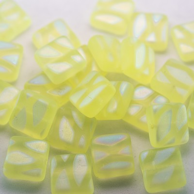 Pale Lime Yellow Peacock matt 10x10mm square glass bead  - Retail system