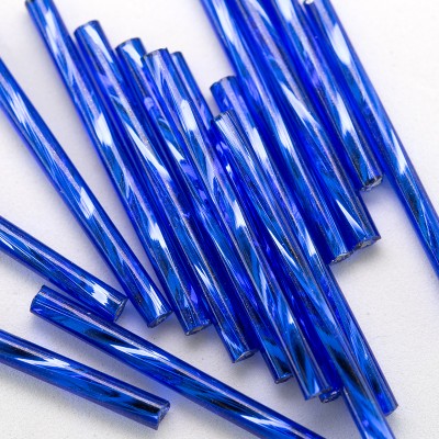 Preciosa 30mm bugle bead Medium Blue silver lined (inside twisted, smooth on the outside)
