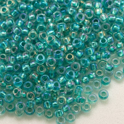 Preciosa Czech glass seed bead 11/0 Clear glass Teal metallic colour lined with a rainbow coating