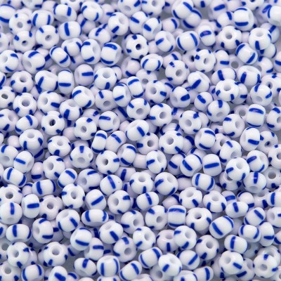 Preciosa Czech glass seed bead 11/0 Opaque white with four equally spaced blue stripes