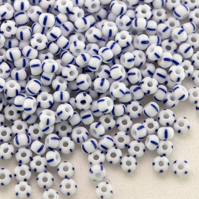 Preciosa Czech glass seed bead 11/0 Opaque white with four equally spaced blue stripes