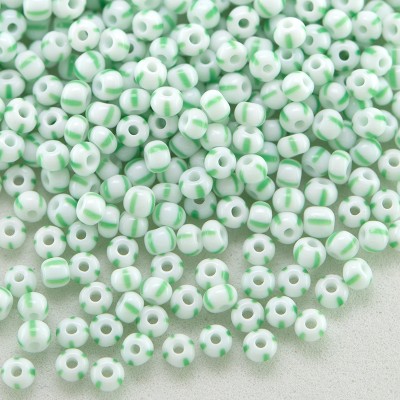 Preciosa Czech glass seed bead 11/0 Opaque white with four equally spaced green stripes