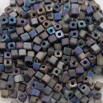 Preciosa Czech glass seed bead 2x2mm Black Iris Matt metallic cube