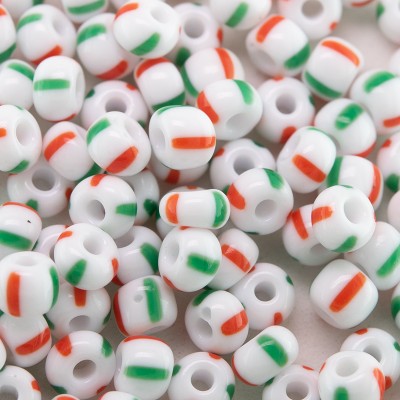 Preciosa Czech glass seed bead 5/0 Opaque White with Red & Green Stripe