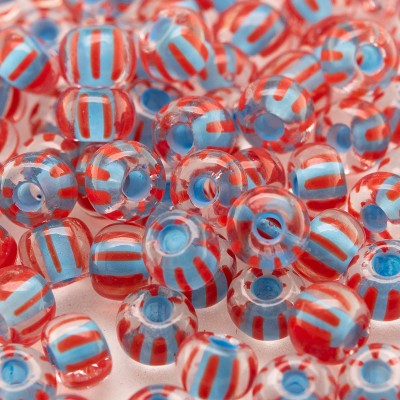 Preciosa Czech glass seed bead 5/0 Clear Blue Lined glass with Red Stripe