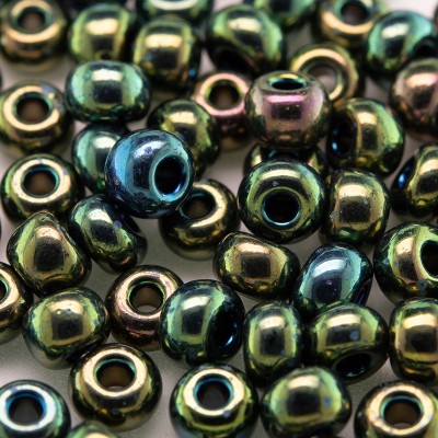 Preciosa Czech glass seed bead 5/0 Green Iris iridescent metallic coated