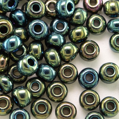 Preciosa Czech glass seed bead 5/0 Green Iris iridescent metallic coated