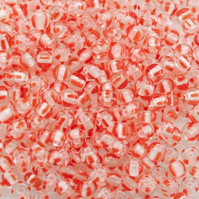 Preciosa Czech glass seed bead 9/0 crystal with red stripes & white lining.
