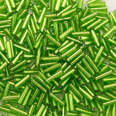 Preciosa Czech glass, size 4x1mm Lime Green Silver Lined, mini bugle bead