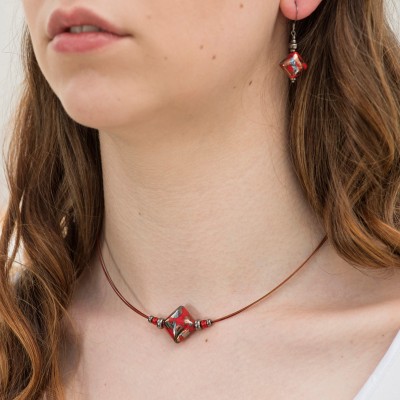 Red & Copper Artisan glass bead  Necklace