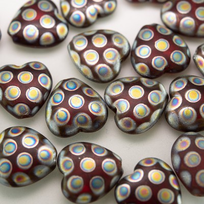 Siam Peacock Matt Heart 16x15mm Pressed Czech Glass Bead