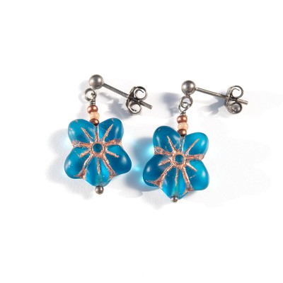 Star Flower Aqua Matt Copper detail Bead Earrings - Sterling Silver (Black Finish) components.