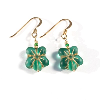 Star Flower Green Matt Gold Bead Earrings - Sterling Silver (Gold Finish) components.