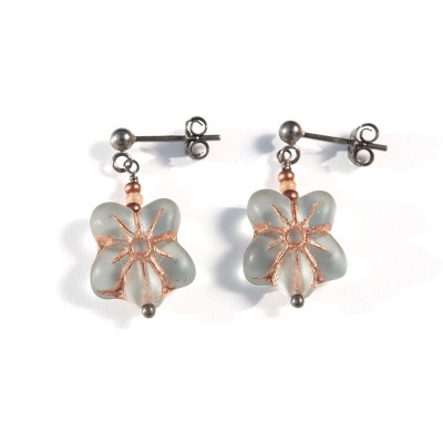 Star Flower Smoked Sapphire Matt Copper detail Bead Earrings - Sterling Silver (Black Finish) components.