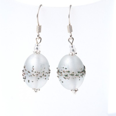 Star White Iridescent artisan glass earrings 14x10mm  Olive beads in Sterling Silver