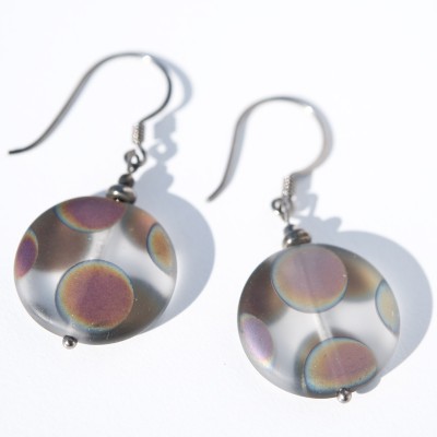 Sterling silver - black finish, Clear Peacock Disc Earrings