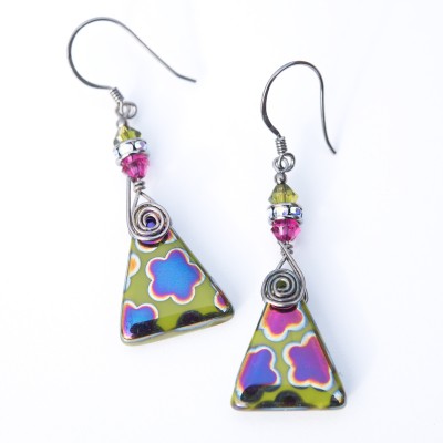 Wild Lime Flower, Glass Bead Triangle Earrings – Sterling Silver (black finish) components