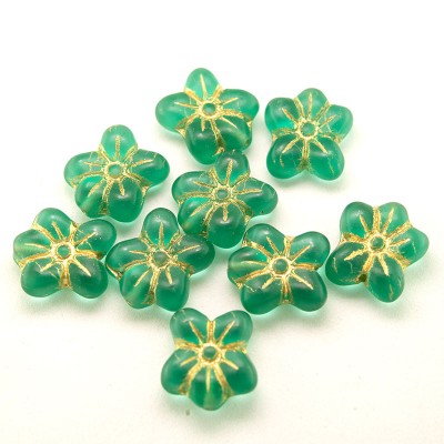 Zircon Matt Flower, with gold detailing, 14/12mm Pressed Czech Glass Bead