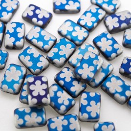 Strong Blue flower 12x8mm matt metallic rectangle Czech Glass Bead.