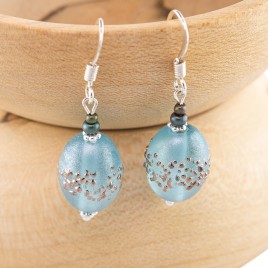 Aqua Iridescent artisan glass earrings 14x10mm  Olive beads in Sterling Silver