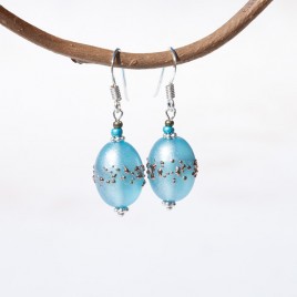 Aqua Iridescent artisan glass earrings 14x10mm  Olive beads in Sterling Silver