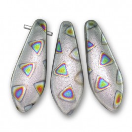 Brushed Silver glass dagger bead, Peacock spotted multicoloured triangle 5x16mm