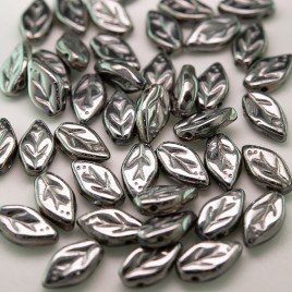 Chrome metallic (full coated) wavy leaf 10x6mm glass bead.