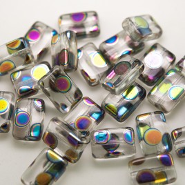 Clear Rainbow Peacock Rectangular 12x8mm Pressed Czech Glass Bead - Retail system